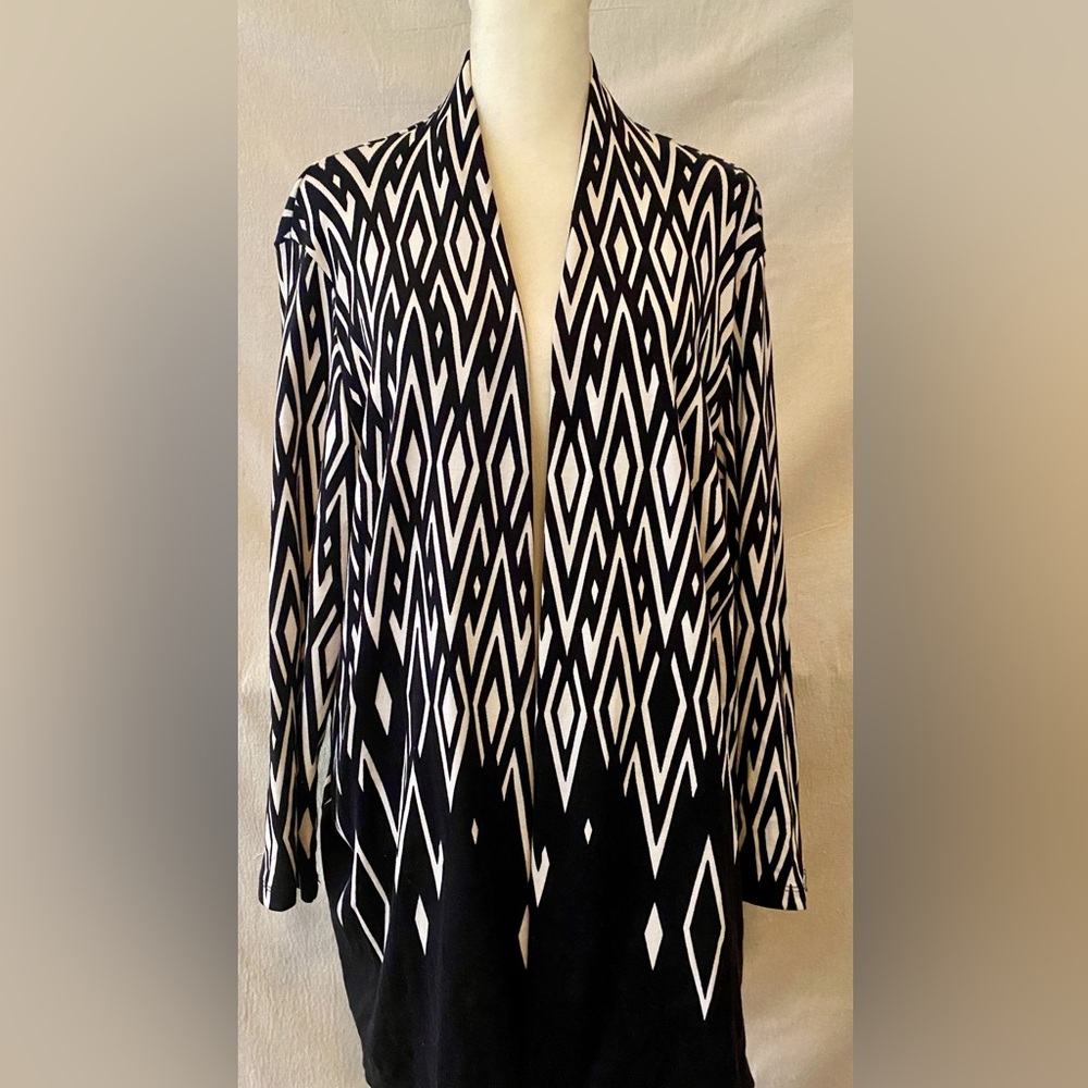 EUC Rafaela Women’s 100% Cotton Black & White Collarless Long Cardigan Size XL